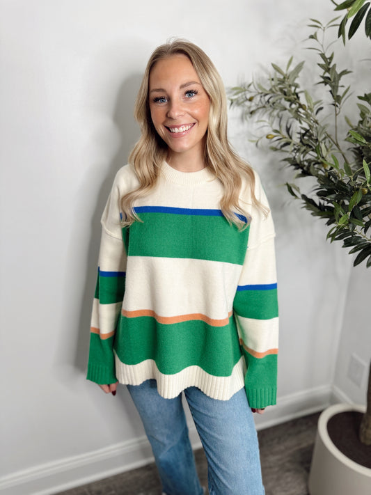 KELLY GREEN MULTI STRIPE SWEATER