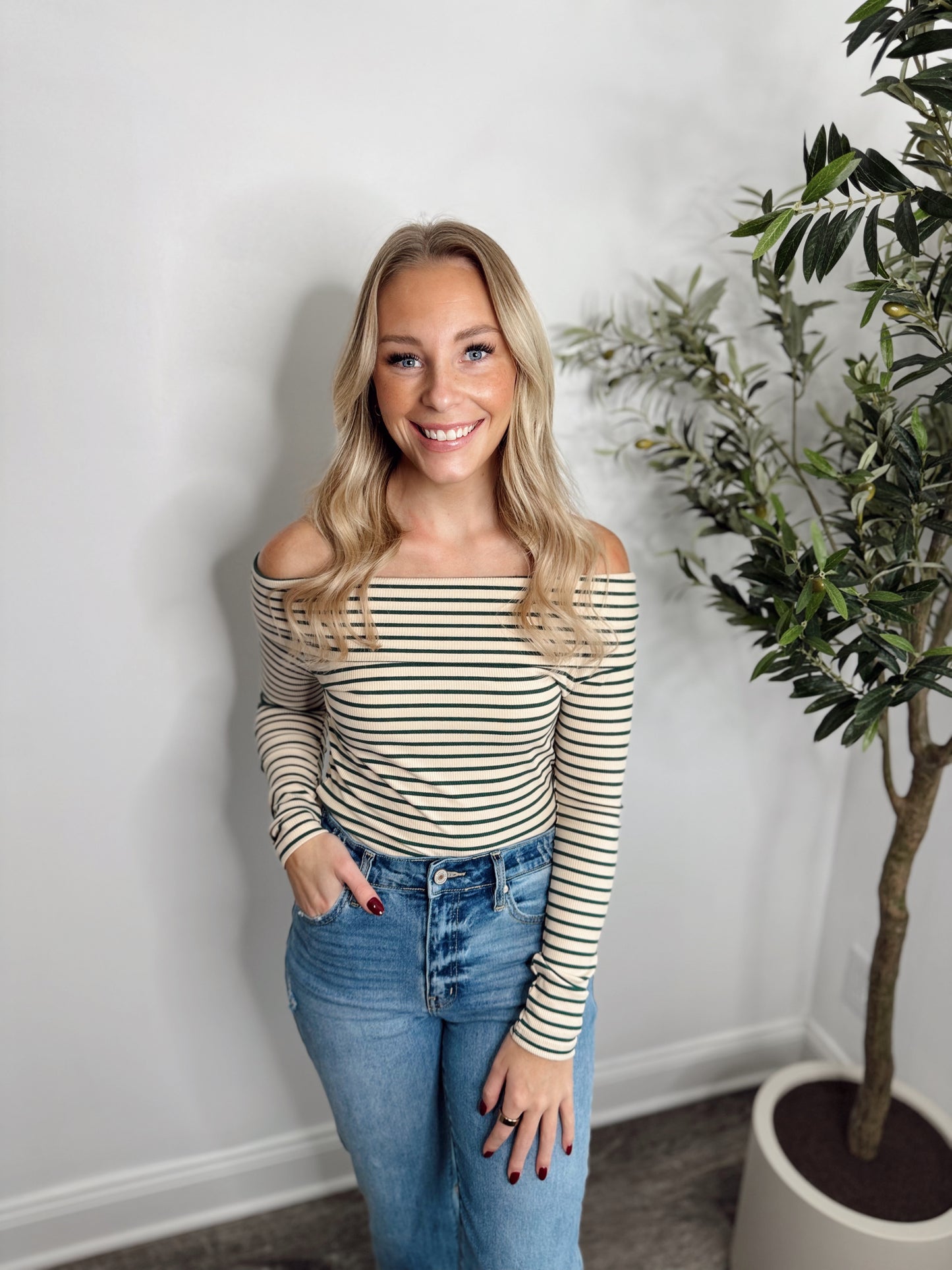 FOREST GREEN STRIPED OFF THE SHOULDER TOP
