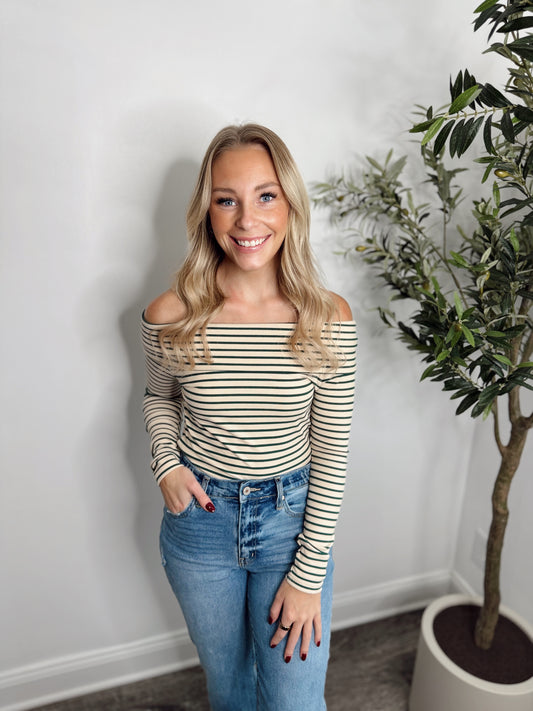 FOREST GREEN STRIPED OFF THE SHOULDER TOP