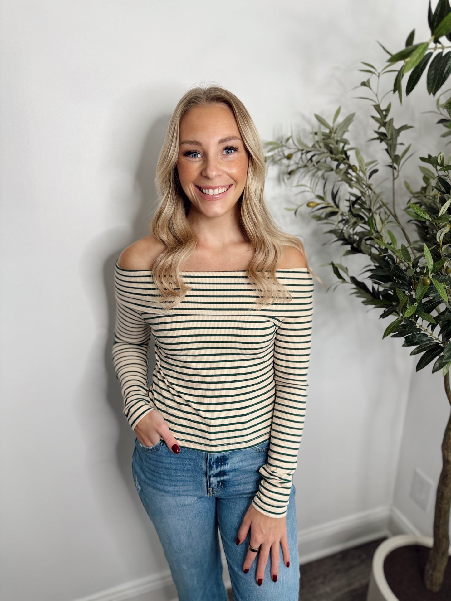 FOREST GREEN STRIPED OFF THE SHOULDER TOP